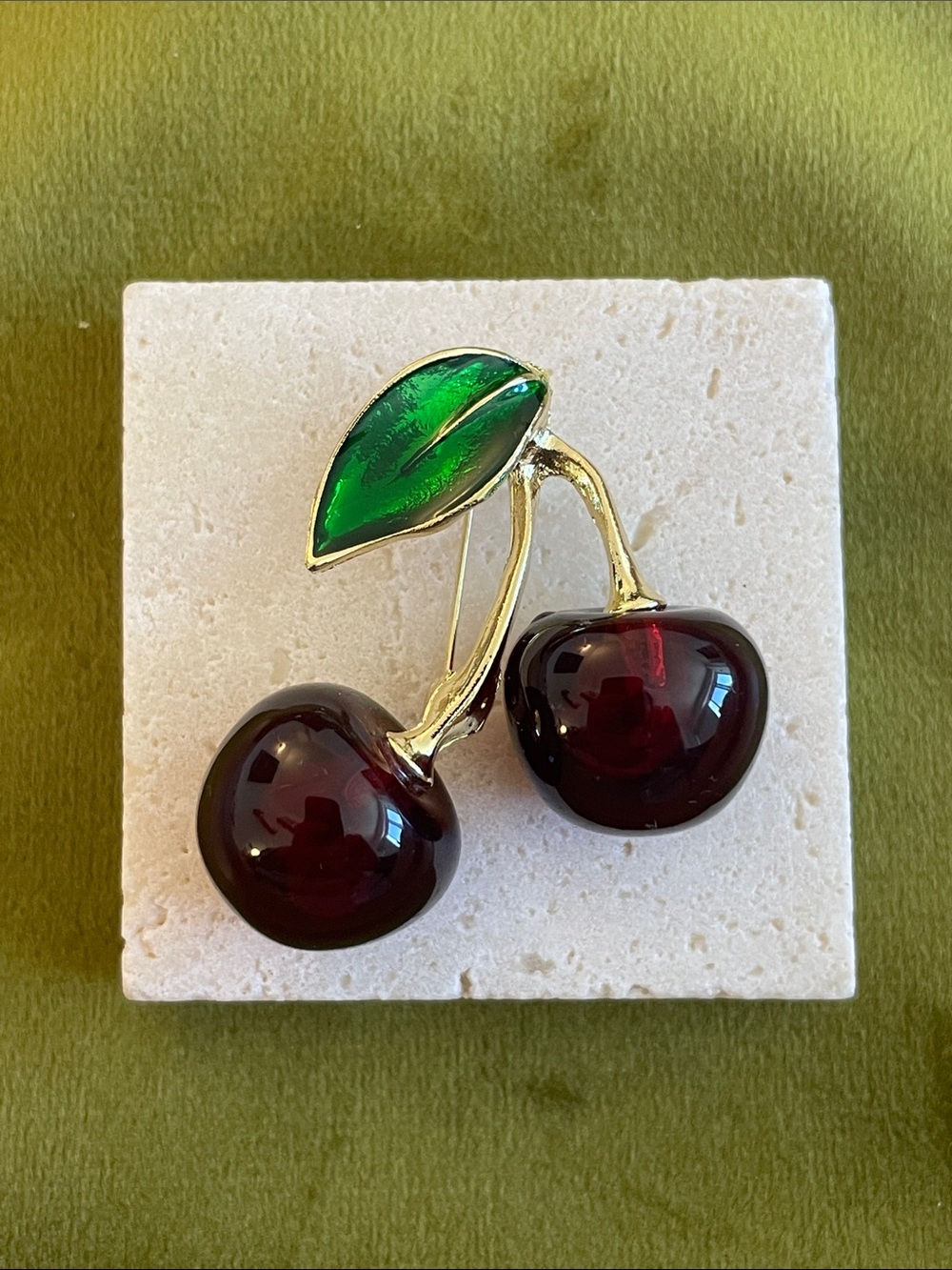 Saks Fifth Avenue Gold-Tone Cherry Brooch with Deep Red Cherries and Green Leaf